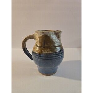 Vintage Studio Art Pottery Pitcher Hand Thrown Stoneware Drip Glaze MCM Blue